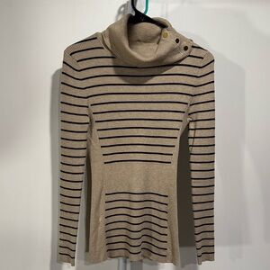 Cache Tan and Black Striped Cowl Neck Sweater
